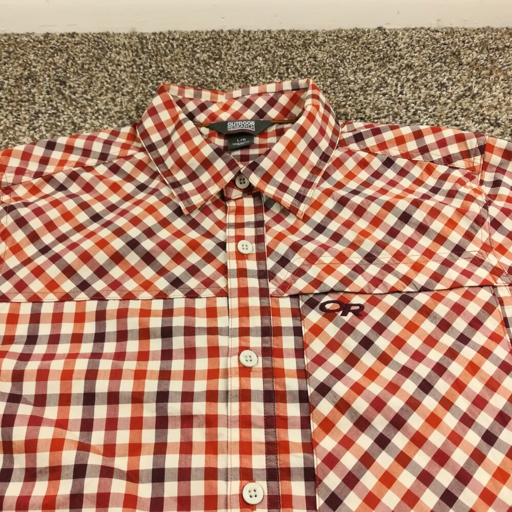 Outdoor Research Shirt Discovery Wool Blend SS Button Plaid Red Mens Large $80